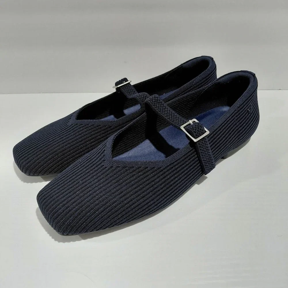 Vivaia Margot Mary Jane Flats Navy Blue Ribbed Knit Square Toe Sustainable 39.5 - Picture 12 of 13